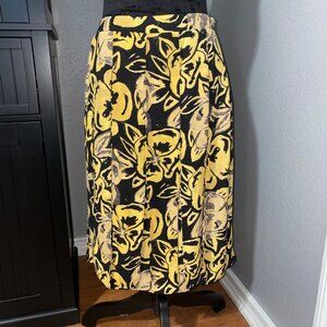 Who What Wear Womens Size 8 Yellow‎ Black Floral Midi Skirt Tie Belt High Waist